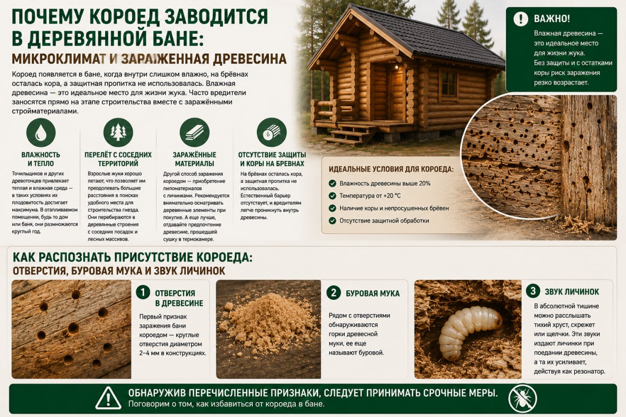Почему короед заводится в деревянной бане